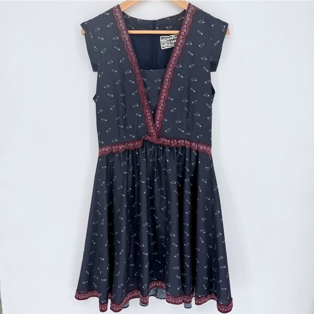 Pink Martini Vintage Style Pinup Navy Blue Safety Pin Lace Dress Punk Edgy Retro